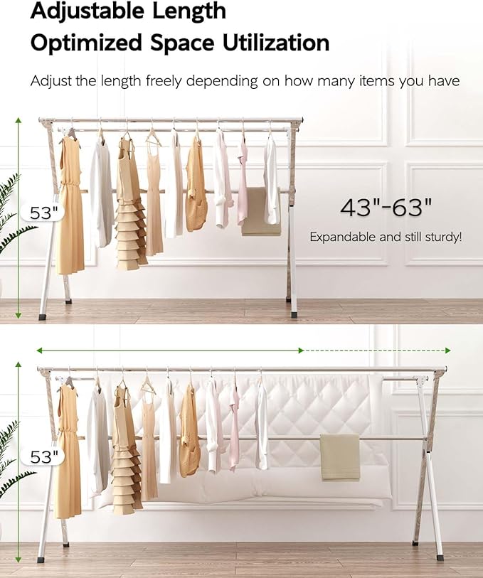 Vikaqi Clothes Drying Rack 63 Inches Folding Indoor Outdoor, Drying Rack Clothing Collapsible, Foldable Portable Laundry Drying Rack, Heavy Duty Laundry Hanger Dryer Rack, with 20 Hooks 12 Clips