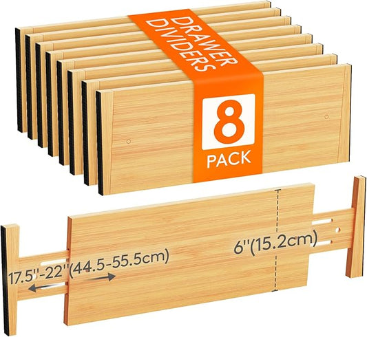 Lifewit 6" High 8 Pack Bamboo Drawer Dividers 45-55cm/17.5-22" Adjustable Wooden Drawer Organizer for Clothes/Utensils, Expandable Drawer Separator for Dresser/Kitchen/Bedroom/Office Organization