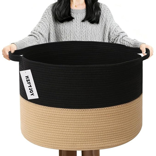 90L Large Blanket Basket, 21.7"x 21.7"x 13.8" Rope Woven Storage Basket with Handles, Laundry Hamper for Toys, Clothes, Pillows & Towels, Perfect for Living Room, Nursery & Bedroom,Black&Camel
