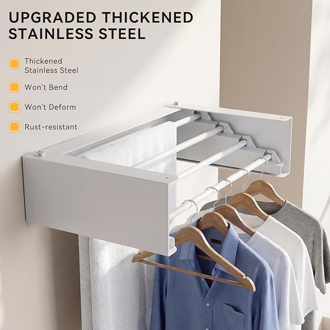 Wall Mounted Drying Rack - 23.6 Inch Stainless Steel Clothes Drying Rack Collapsible, Heavy Duty 60LBS Laundry Drying Rack, Retractable Folding Dryer Racks for Laundry Drying Indoor/Outdoor
