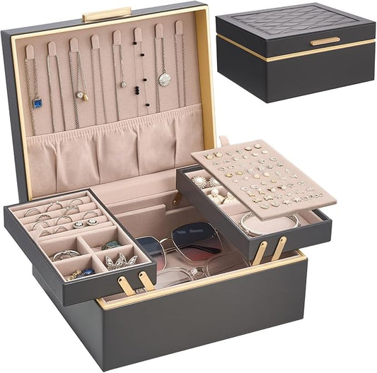 Lolalet Jewelry Box Organizer for Women Girls, 2 Layer Jewelry Organizers and Storage for Necklace Earrings Rings Bracelets, Large Jewellery Holder Case Birthday Valentine Gifts -Charcoal gray