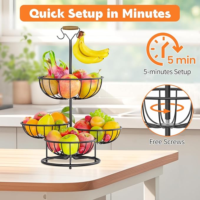 PouHenier.jh 4 Tier Fruit Bowl Basket with Banana Hangers, Kitchen Counter Metal Round Produce Holder, Stable Vegetable Countertop Stand Organizer, Corner Multi Tiered Storage Rack, Sturdy Base, Black