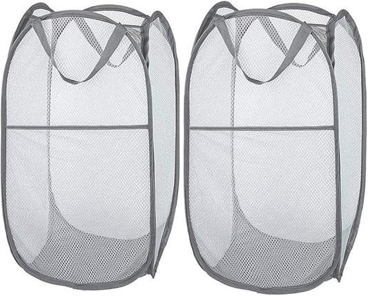 Larpur 2 Pcs Popup Mesh Laundry Baskets, Collapsible and Portable Clothes Washing Laundry Hampers with Reinforced Carry Handles, Gray Clothes Hamper for Home, Travel, College Dorm