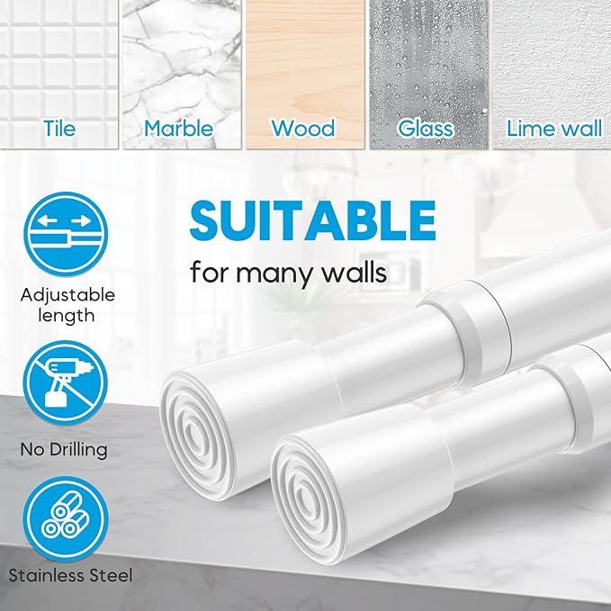 AIZESI Spring Tension Curtain Rod 32 to 58 inch Adjustable Curtain Rods No Drilling Expandable Spring Loaded Curtain Rod for Windows Doors, White