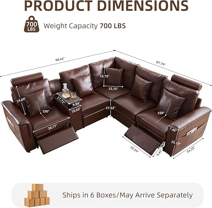 LEVNARY 5-Seat L Shaped Modular Sectional Sofa with Power Recliners, Upholstered Faux Leather Couch Storage Console with Charging Ports & Cup Holders, Living Room Couch Set for Home Office (Brown)