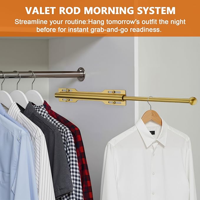 Valet Rod for Closet Pull Out, Rod for Bedroom Laundry Room Bathroom, Brushed Gold