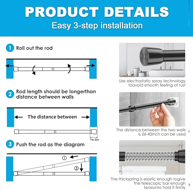 MEXAU 1Pack Spring Tension Curtain Rod 26-39 inch Black Adjustable Spring Rod Extendable Tension Rod For Kitchen, Bathroom, Window, Bookshelf, Closet