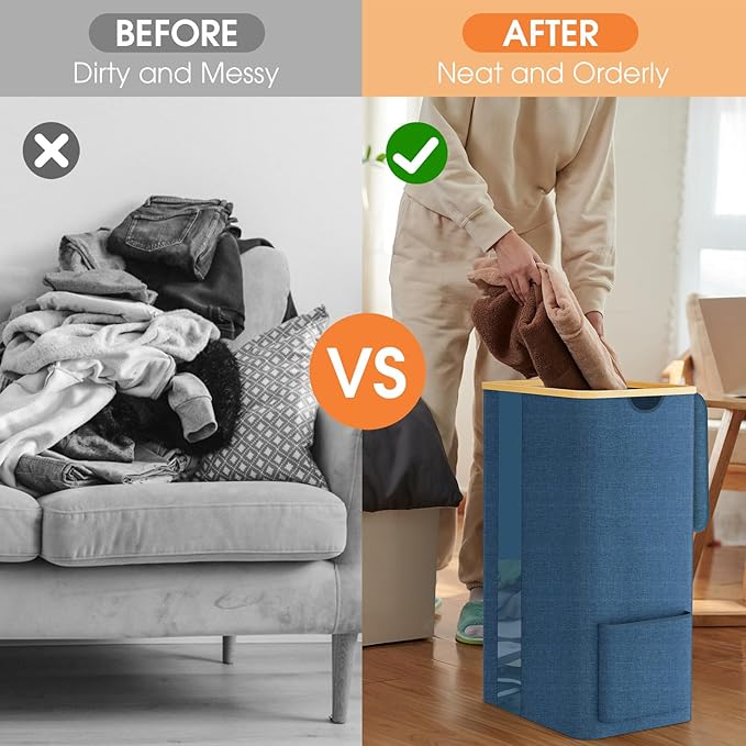 SpaceTrove Laundry Basket Clothes Hamper with Lid and Pocket Large Collapsible Laundry Baskets with Handle, Freestanding Hampers for Bedroom Aesthetic, Dorm, Bathroom, Laundry Room (100L,Light Blue)