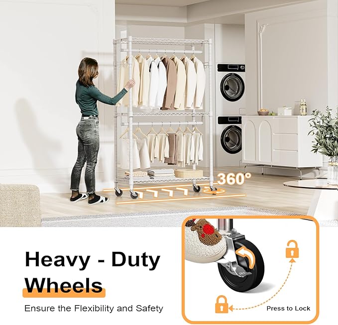 M MZG Heavy Duty Rolling Garment Rack 3 Tiers Adjustable Wire Shelving Clothes Rack with 2 Rods and Side Hooks,Storage Closet Clothing Rack with Wheels White 15.7" D x 29.5" W x 74.5" H