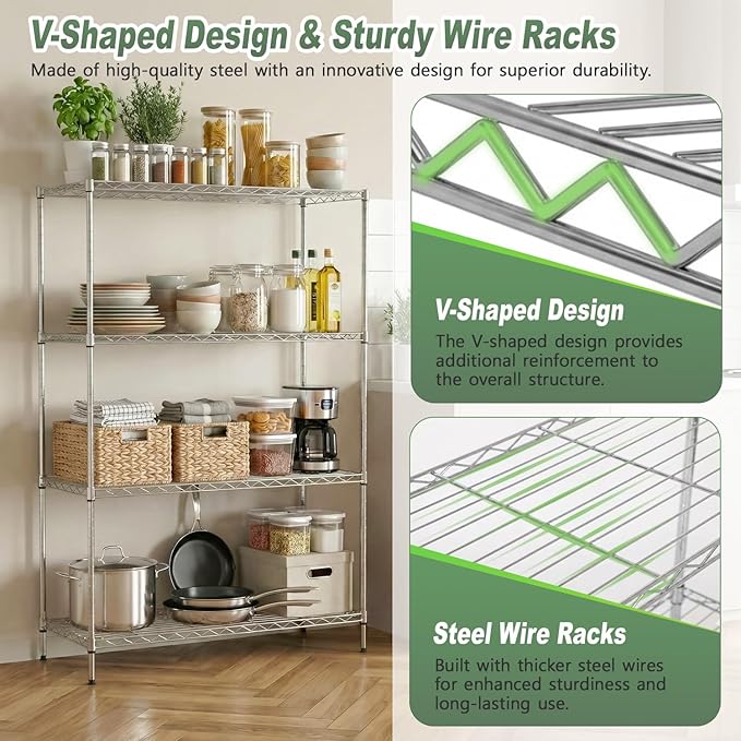BestOffice 4-Tier Wire Shelving Unit, 800 LBS Heavy Duty Metal Storage Shelves, Adjustable Wire Shelf for Garage, Kitchen, Pantry, Utility Shelving Rack with Leveling Feet, Chrome