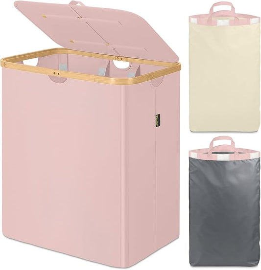 BALEINE Laundry Hamper with Lid, Tall Laundry Baskets with Bamboo Pull Handles, Large Laundry Bin with Internal Support (36 Gal/140L, Pink)