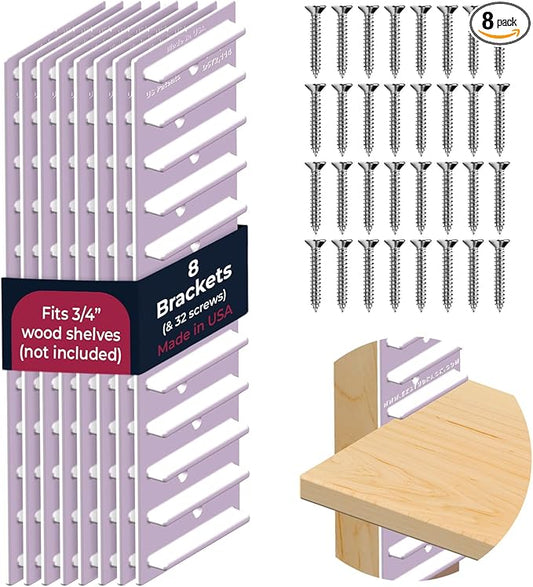 Made in USA EZStudRack Adjustable Shelf Brackets, 8-Pack (4 Pairs) – Easy-to-Adjust One-Row Storage for Custom-Fit Shelves – Your Items, Your Wood, You Supply It