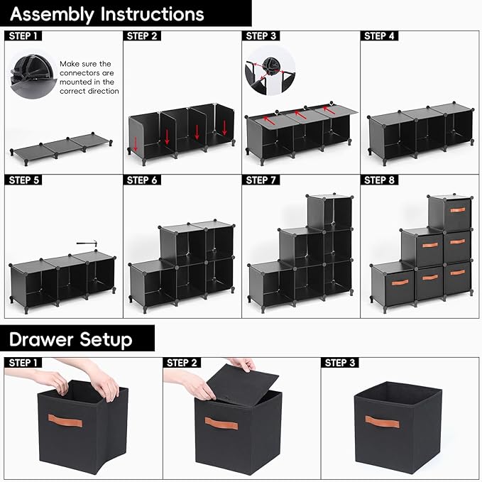 Cube Storage Organizer with Storage Bins, 6-Cube Shelves Units with 6 Organizer Bins, DIY Plastic Storage Shelves with Mallet, Closet Clothes Storage Shelves for Home, Bedroom, Living Room