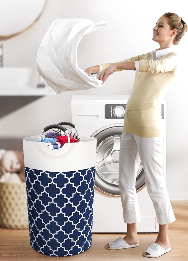 Fabspace Large Laundry Basket Laundry Hamper Bag Washing Bin Clothes Bag Collapsible Tall with Handles Waterproof Travel Bathroom College Essentials Storage for College Dorm, Family (Blue) 82L