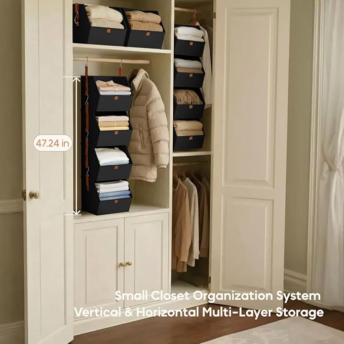 Homsorout Hanging Closet Organizer 4 Tier - Clothes Hanging Shelves, Space-Saving Closet System, Fabric Storage Bins Bedroom Organization, Collapsible Baskets for Home, Dorm, Rv, Black, 8 Pack