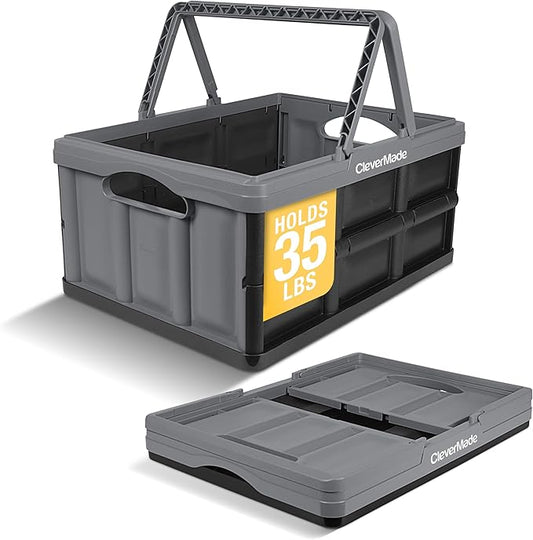CleverMade Collapsible Shopping Basket 32L – Folding Grocery Basket with Handles, Stackable Reusable Storage Crate with 35 lb Capacity, Recycled Plastic, Car Trunk Organizer - Stone Gray