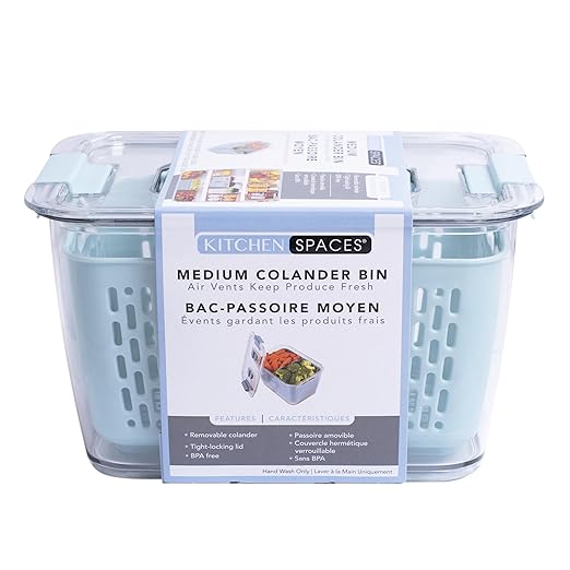 Kitchen Spaces Colander Bin, Produce Saver, Fridge Organizer With Lid, Wash, Strain and Store, Great for Refrigerator, Freezer and Pantry, Medium, Blue, Pack of 1
