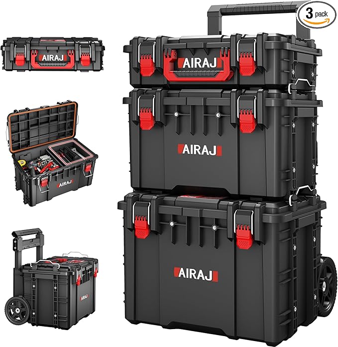 3 Tier Rolling Tool Box Heavy Duty,Stackable Tool Box with Wheels,Modular Storage System with Removable Parts Box,All-terrain Waterproof Toolbox,Telescopic Pull Rod,for Professional Work,Garage
