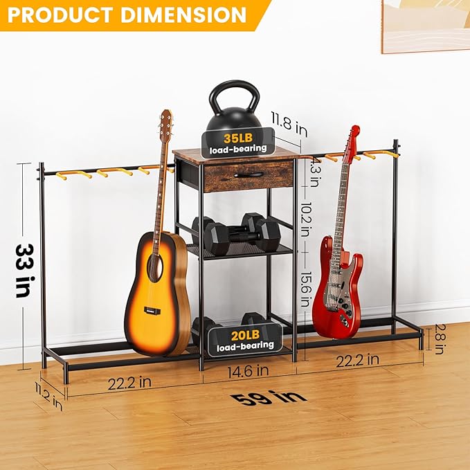 Guitar Stands Floor with 6 Guitar Holders, 3-Tier Guitar Stand Multiple Guitars, Guitar Rack with Amp Stand & Cloth Drawer, Multi Guitar Stand for Music Studio, Guitar Accessories gift for Music Lover