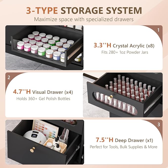 OmySalon Nail Salon Organizer Cabinet, 32" L Floor Storage with 8 Clear & 4 Visual Drawers, Wooden Display for Polish & Powder, Beauty Salon Furniture (Black, 32'' Length)