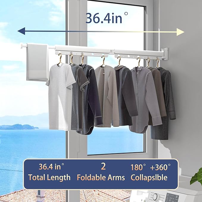 Wall Mounted Clothes Hanger Rack Folding Wall Mounted Clothes Hanger for Laundry (2-Fold White)