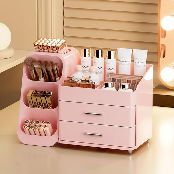 Booklov Makeup Organizer for Vanity, Large Capacity Cosmetic Display Case with Drawers, Countertop Beauty Storage Holder for Skincare, Brush Eyeliner Perfume Eyeshadow Lipsticks, Counter Desk, Pink