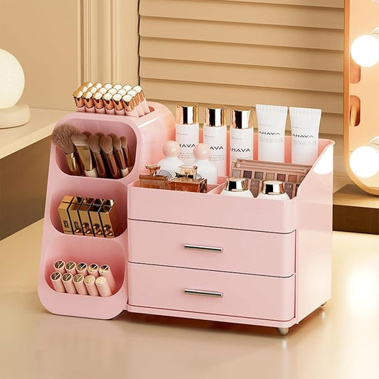 Booklov Makeup Organizer for Vanity, Large Capacity Cosmetic Display Case with Drawers, Countertop Beauty Storage Holder for Skincare, Brush Eyeliner Perfume Eyeshadow Lipsticks, Counter Desk, Pink