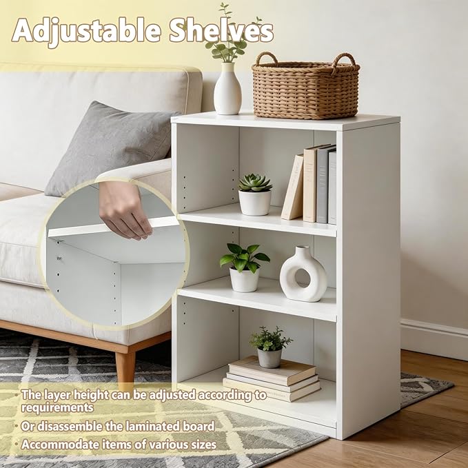 CTESNE【2026 Adjustable Shelves 3-Tier Bookcase, 71 inches, Wooden Open Display Floor Bookshelf (White)