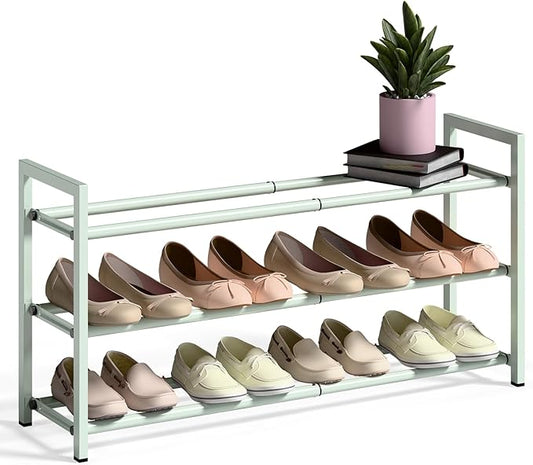 Bumusty 3-Tier Expandable Shoe Rack for Closet, 18“-33” Adjustable Shoe Rack for Small Space, Small Shoe Organizer for Front Door, Sturdy Metal, Green