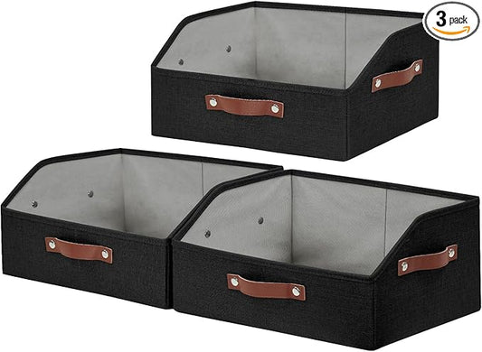 Bagnizer Closet Organizers and Storage, Linen Trapezoid Storage Bins with Handles, Collapsible Shelf Organizer for Blanket, Towel, Clothes, Hats, Purse (Black)