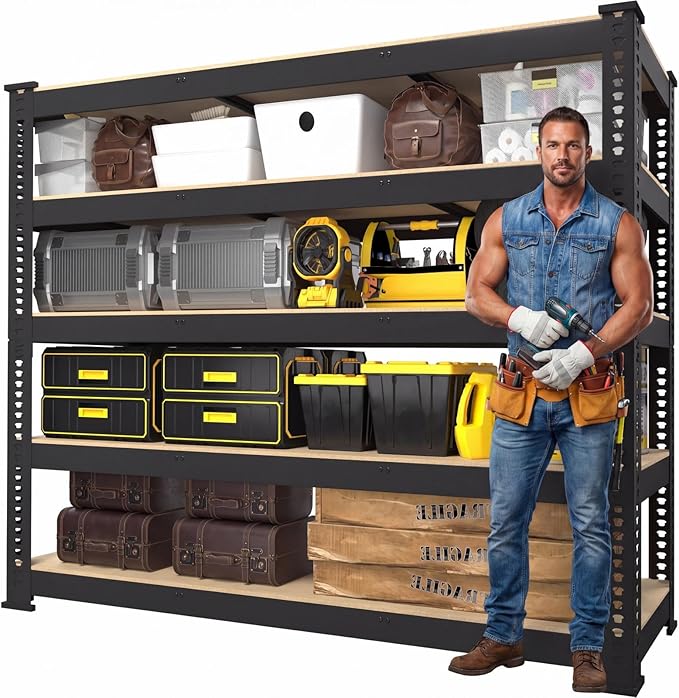 PrimeZone 48" W x 18" D x 72" H Garage Shelving Heavy Duty - Adjustable Metal Storage Shelves, 5 Tier Industrial Shelving Unit, Utility Shelf Rack for Basement, Warehouse, Pantry, Closet, Black