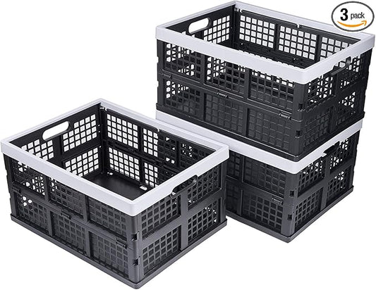 Aebeky 3-Pack Plastic Collapsible Storage Crates-30L,Foldable Plastic Crates for Storage (Black+Gray)