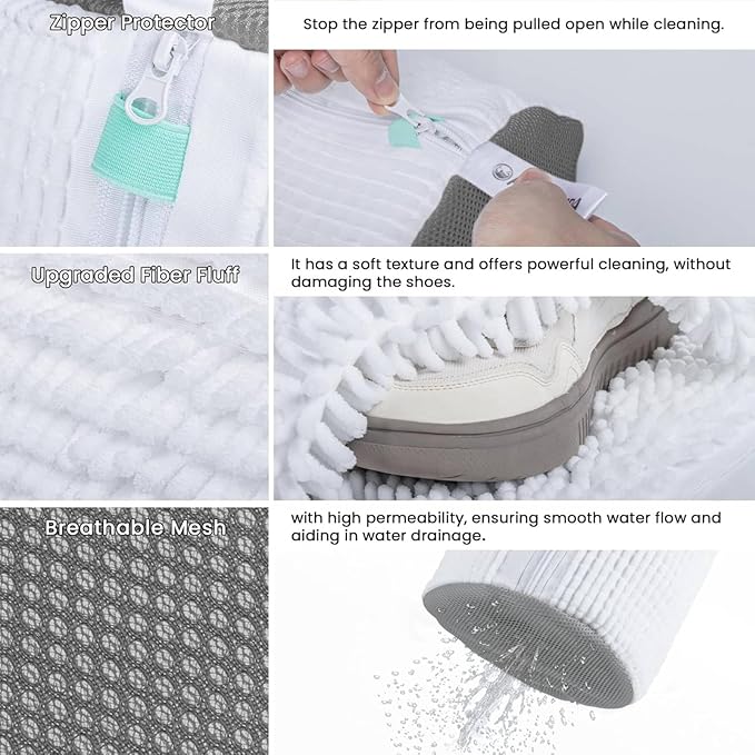 Shoe Washing Machine Bag for Cleaning, 2 Pack 360°Protect Sneaker Laundry Bag for Shoes Reusable Durable Fibers Adjustable Washer Bag with Zipper for Tennis Gym Sneakers Shoe Dryer (White)