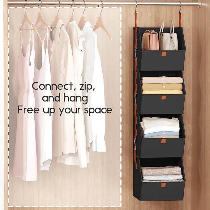 Homsorout Hanging Closet Organizer 4 Tier - Clothes Hanging Shelves, Space-Saving Closet System, Fabric Storage Bins Bedroom Organization, Collapsible Baskets for Home, Dorm, Rv, Black, 8 Pack