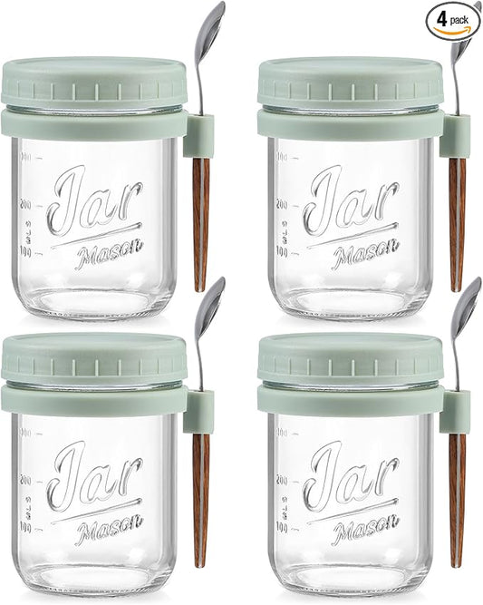 LANDNEOO 4 Pack Overnight Oats Containers with Lids and Spoons, 16 oz Glass Mason Jars with Airtight Lids, Overnight Oats Jars for Milk, Cereal, Fruit-Green