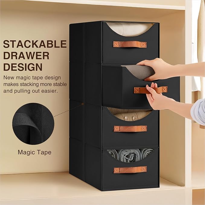 Homsorout Stackable Storage Drawers - Collapsible Storage Bins with Drawers, 4 Pack Closet Shelf Organizer Basket, Fabric Pull Out Organizer for Bedroom, Living Room, Dorm, Black