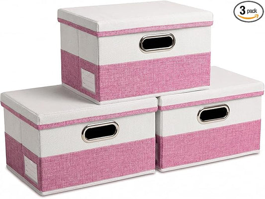 PRANDOM Storage Bins with Lids [3-Pack] Linen Fabric Foldable Storage Boxes Organizer Containers Baskets Cube with Cover for Bedroom Closet Office Pink&White（11.4X8.6X6.7