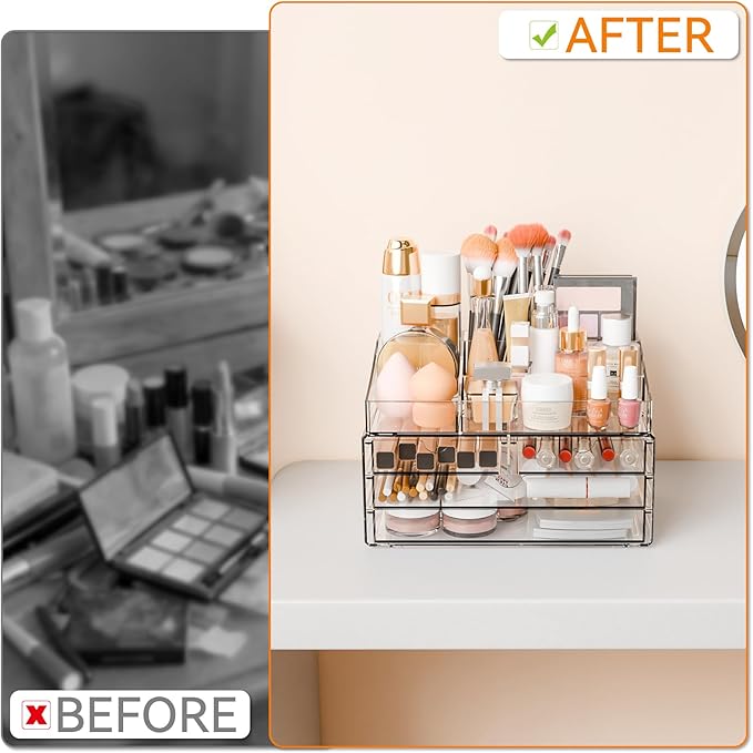Yieach Acrylic Make up Organizers for Counter,Desk and Vanity,2 Pack Stackable Bathroom Counter Organizer with Drawers,Large Clear Makeup Organizers and Storage for Skincare,Cosmetic,Beauty Products