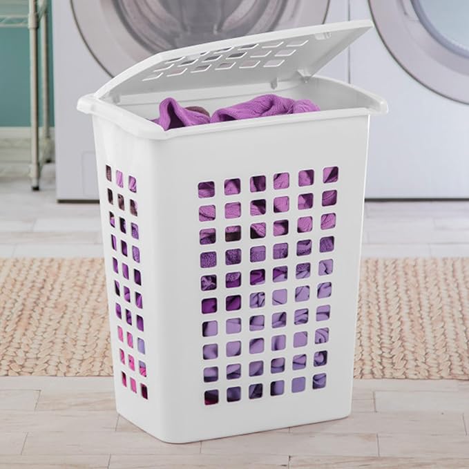 Sterilite Rectangular LiftTop Laundry Hamper with Lid, Handles to Easily Carry Clothes Between the Laundry Room and Bedroom, Plastic, White, 16-Pack