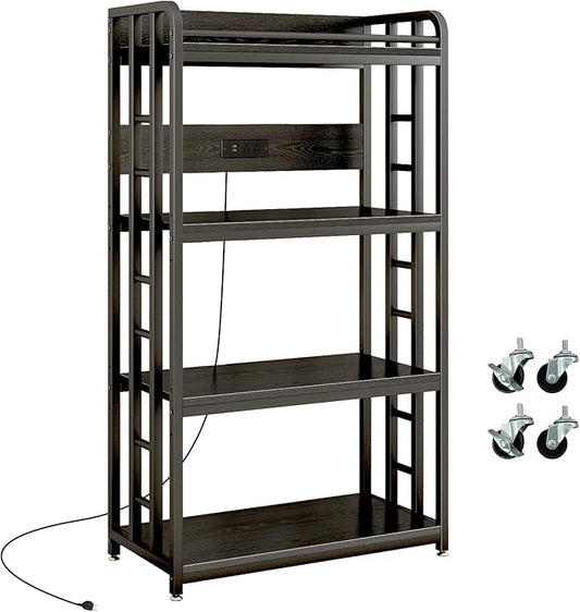 METYERRY Adjustable 4-Tier Heavy Duty Kitchen Baker's Rack with Power Outlet, with Industrial Wheels, Free Standing Microwave Oven Cart Stand for Storage, Garage, Mini Fridge Stand, Black