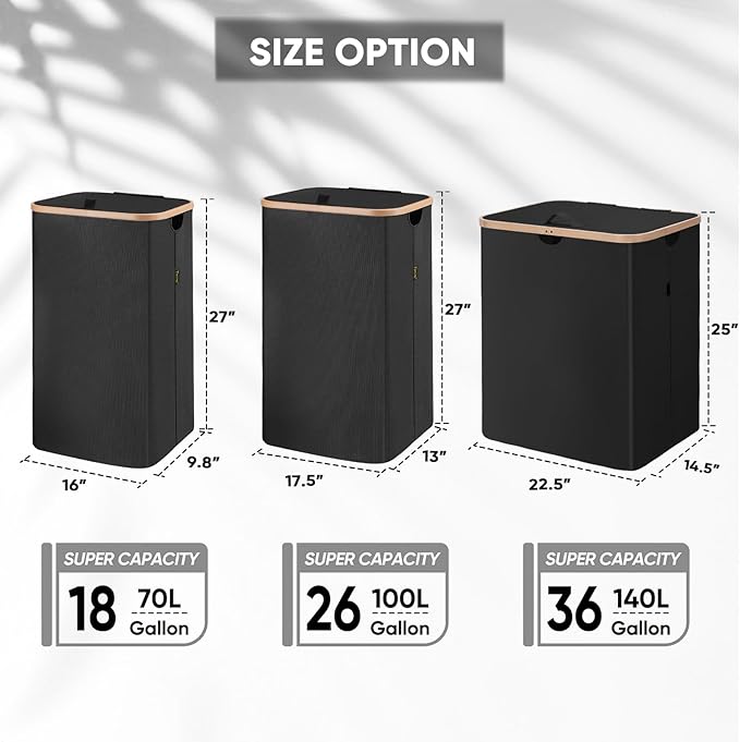 BALEINE Laundry Hamper with Lid, Tall Laundry Baskets with Bamboo Pull Handles, Large Laundry Bin with Internal Support (18 Gal/70L, Black)
