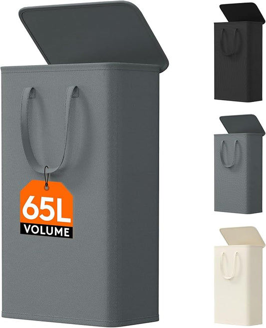 Lifewit 65L Slim Small Laundry Hamper, Laundry Basket with Lid, Dirty Collapsible Clothes Storage with Easy Carry Extended Handles, Tall Hampers for Bedroom Laundry Room, Gray, 1 Pack