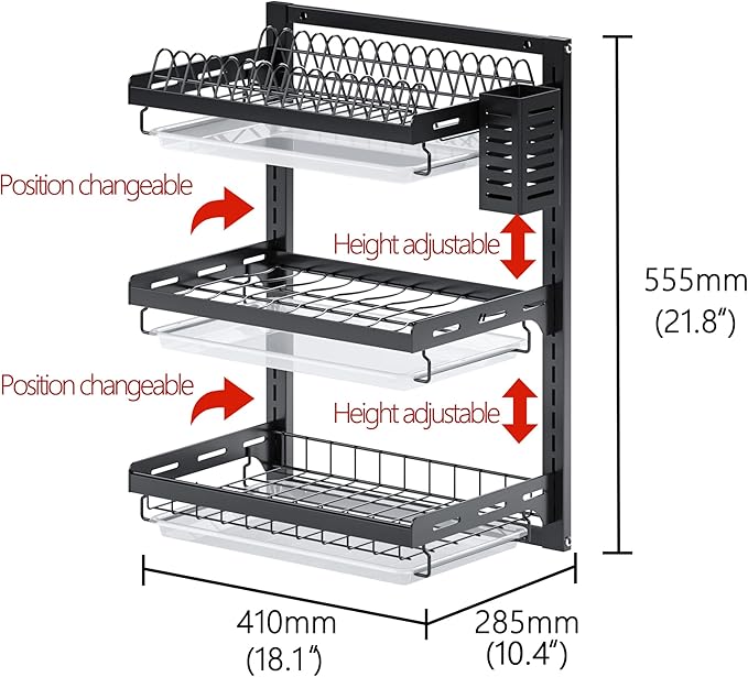 PUSDON 3 Tier Wall Mounted Dish Drying Rack, Black Rustproof Hanging Dish Drainer Organizer with Utensil Holder & Removable Drainboards, Adjustable Heavy Duty Kitchen Space Saver