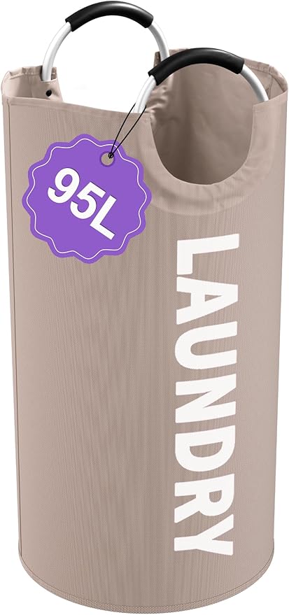 95L Folding Laundry Basket for Singles, Large Laundry Hamper with Aluminum Handles, Freestanding Dirty Clothes Basket, Sturdy Oxford Fabric Clothes Hampers for Travel, Dormitory, Khaki