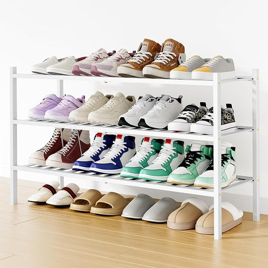 Smiry Shoe Rack, 3 Tier Long Bamboo Shoe Organizer, Stackable Free Standing Wooden Shoe Storage Shelf for Closet, Entryway, Front Door Entrance, White