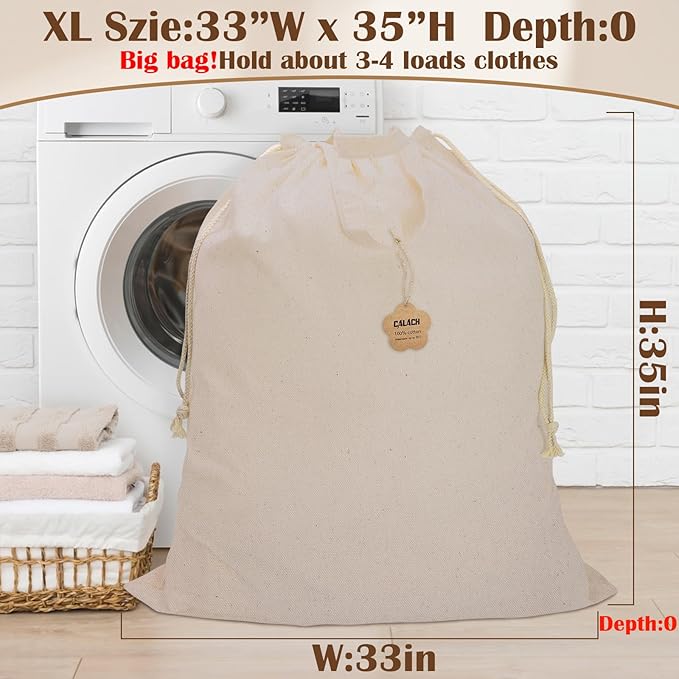 Cotton Canvas Laundry Bag 33"Wx 35"H, Thick Cotton Laundry Bag with Handles & Drawstring, Extra Large Heavy Duty Washable Basket Liner Hamper Liner Storage Sack (Natural XL, 1 Pack)