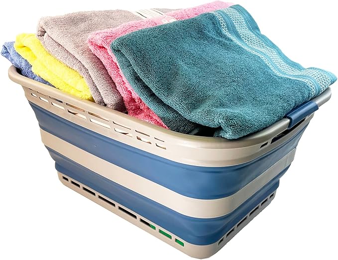 SAMMART 42L (11 gallons) Collapsible Plastic Laundry Basket - Portable Pop Up Storage Container/Organizer - Portable Hamper - Space Saving Easy Storage (Grey/Mist Blue)