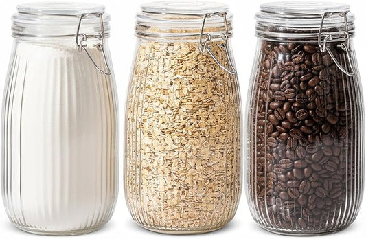 ComSaf 3pcs 50oz Ribbed Glass Jars with Airtight Clamp Lids, Large Vintage Canisters for Flour, Sugar Storage & Fermenting, Wide Mouth for Pantry Organization & Countertop Decor