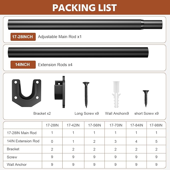 Closet Rods for Hanging Clothes, 17-84 Inches 2 pack Stepless Adjustable Closet Rod, 1.3 Inch Heavy Duty Metal Closet Rod for Hanging Clothes, Closet Bar Black for Closet Wardrobes Laundry RV