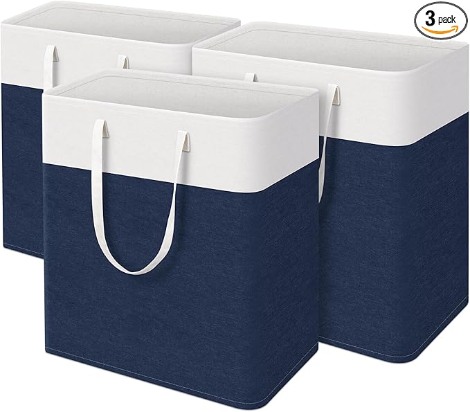 TasticTotes laundry basket 3-Pack, laundry hamper, Hamper with handles, collapsible laundry baskets, Waterproof dirty clothes hamper, Towel Storage for Home or Dorm, 125L-Blue